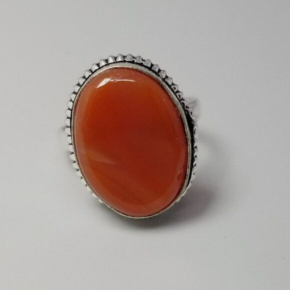 Vintage Oval Orange Stone Ring, Bezel Set Silver Tone Size 8 1/2 Band, Estate - Picture 7 of 8